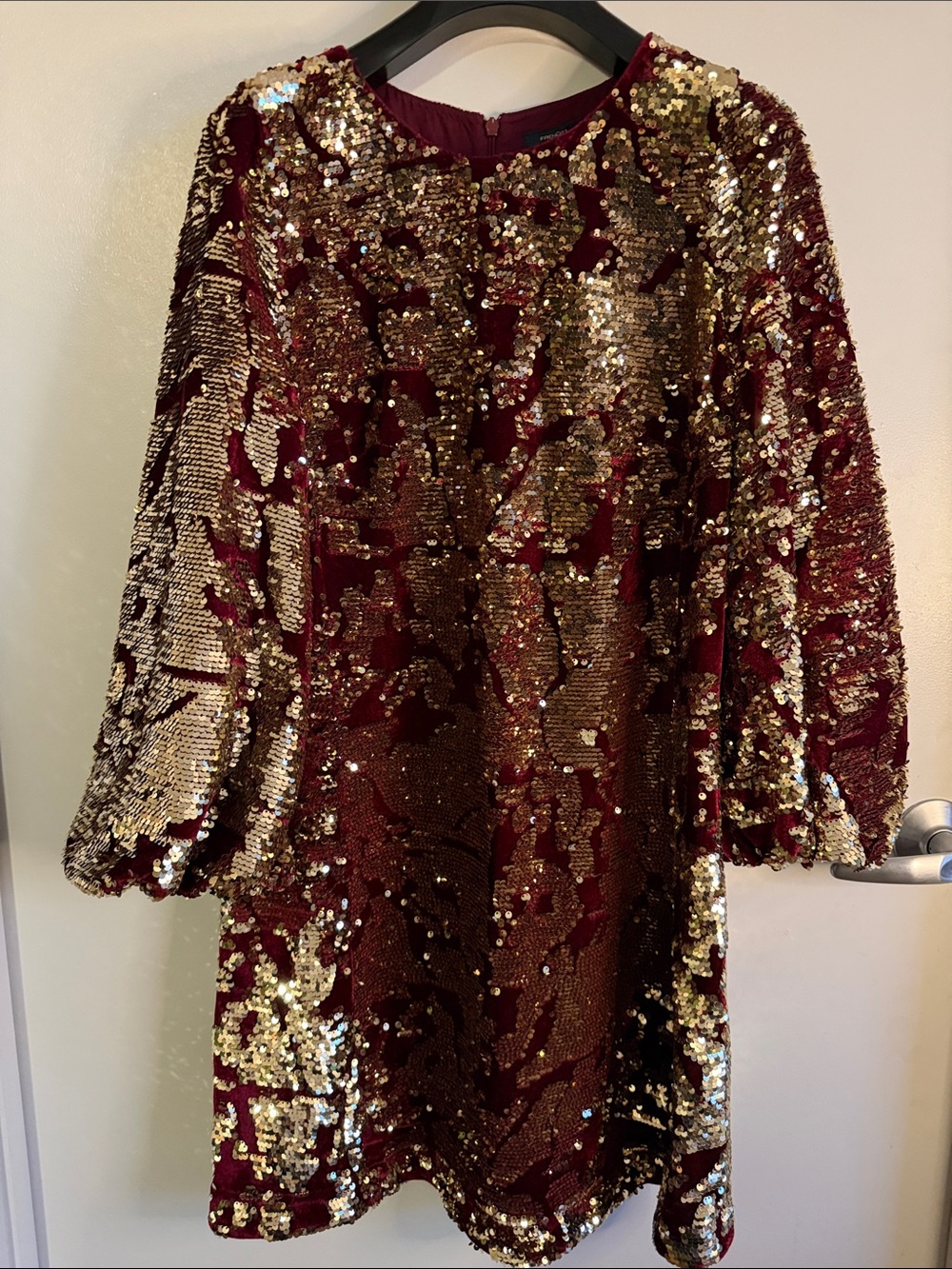French Connection Women's Burgundy Velvet and Gold Sequin Cocktail Dress Sz 10